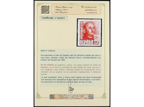 ** ESPAÑA. Ed. 1022cca. 50 cts. rosa rojizo. COLOR CAMBIADO.