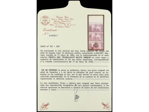 ** ESPAÑA. Ed. 761hpv. 45 cts. s. 15 cts. violeta. Tira de t