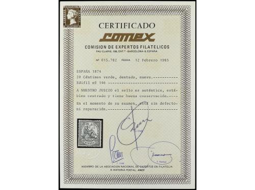 * ESPAÑA. Ed. 146. 20 céntimos verde. PIEZA DE LUJO. Cert. C