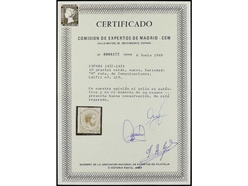 * ESPAÑA. Ed. 129. 10 pts. verde. "O" de "COMUNICACIONES" RO