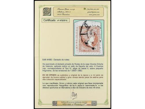 Δ ESPAÑA. Ed. 48Cdp. 4 cuartos rojo tipo IV dentado de rulet