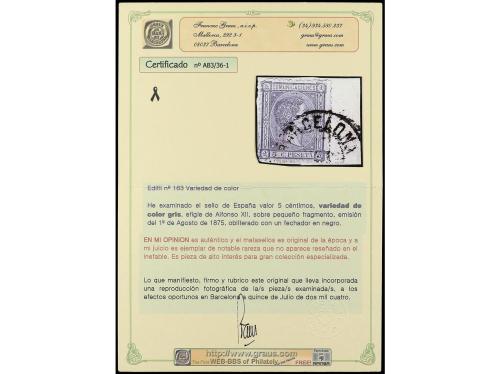 Δ ESPAÑA. Ed. 163. 5 cts. gris sobre fragmento CAMBIO DE COL