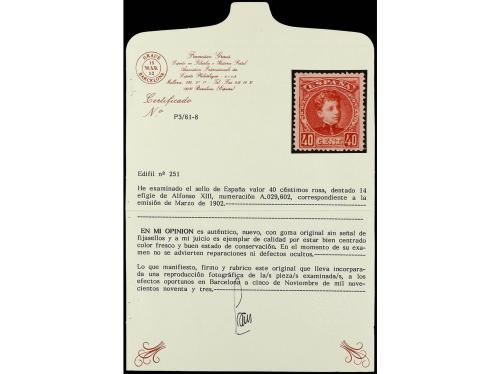 ** ESPAÑA. Ed. 251. 40 céntimos rosa. PIEZA DE LUJO. Cert. G
