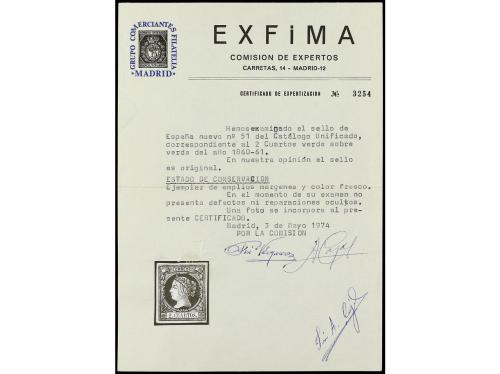 * ESPAÑA. Ed. 51. 2 cuartos verde. Buen ejemplar. Cert. EXFI