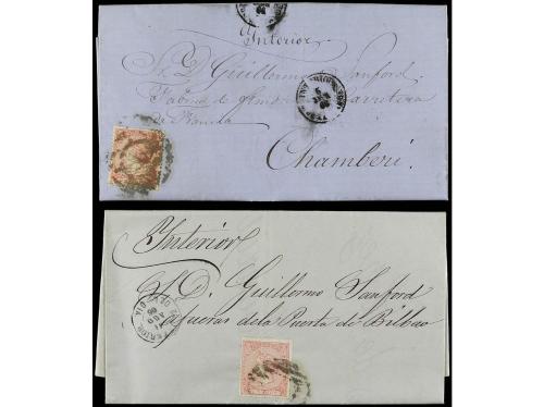 ✉ ESPAÑA. Ed. 74 y 80. 1865. 2 cuartos rosa, mat. R.C. Madri