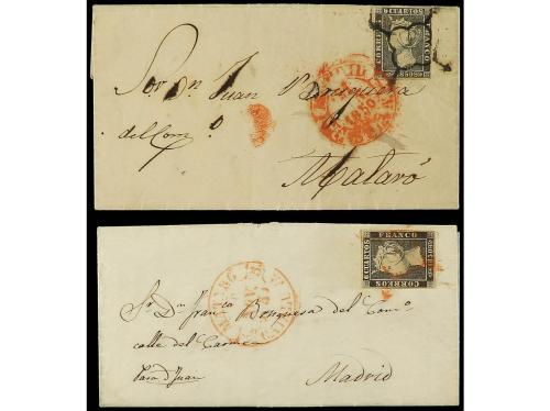 ✉ ESPAÑA. Ed. 1, 1A. 1850. 6 cuartos negro. Conjunto de 9 ca