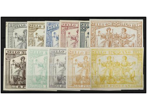 * ESPAÑA: FISCALES. 1877. PÓLIZAS. Serie completa. Al. 183/9