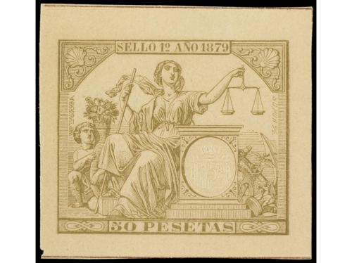 ESPAÑA: FISCALES. 1879. PÓLIZAS. ENSAYOS sobre papel cartuli