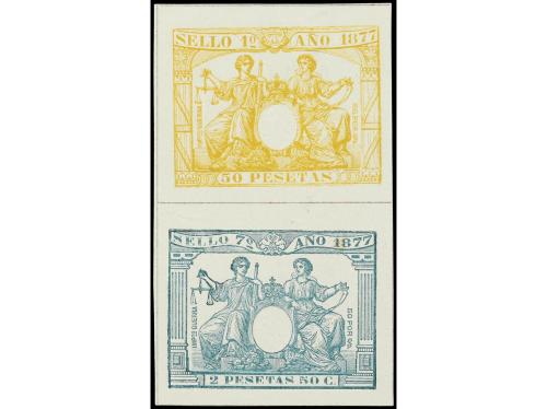 ESPAÑA: FISCALES. 1877. PÓLIZAS. ENSAYOS sobre papel cartuli