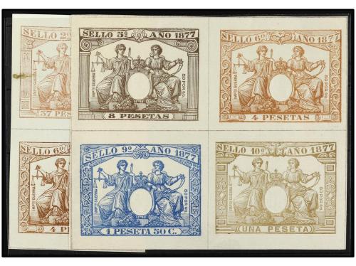 ESPAÑA: FISCALES. 1877. PÓLIZAS. ENSAYOS sobre papel cartuli