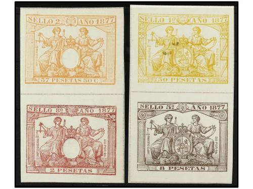 ESPAÑA: FISCALES. 1877. PÓLIZAS. ENSAYOS sobre papel cartuli