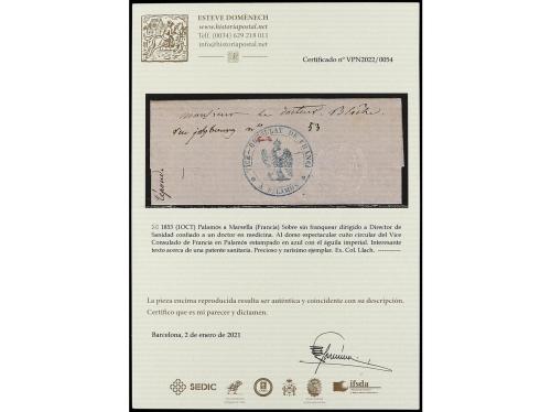 ✉ ESPAÑA: PREFILATELIA. 1853. PALAMÓS a MARSELLA. Carta diri