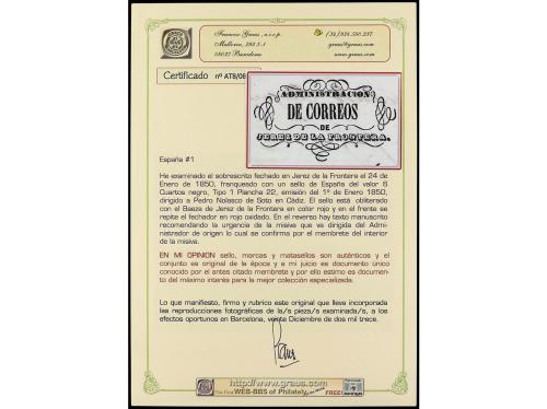 ✉ ESPAÑA. Ed. 1. 1850. JÉREZ a CÁDIZ. 6 cuartos carta enviad