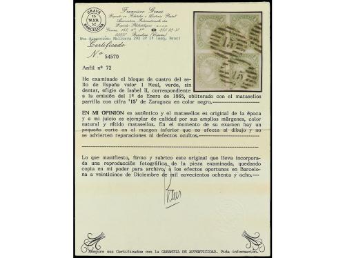 ° ESPAÑA. Ed. 72 (4). 1 real verde. Bloque de cuatro, mat. p