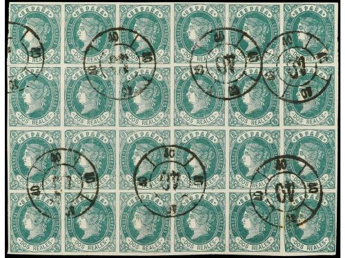 ° ESPAÑA. Ed. 62 (24). 2 reales verde. Bloque de veinticuatr