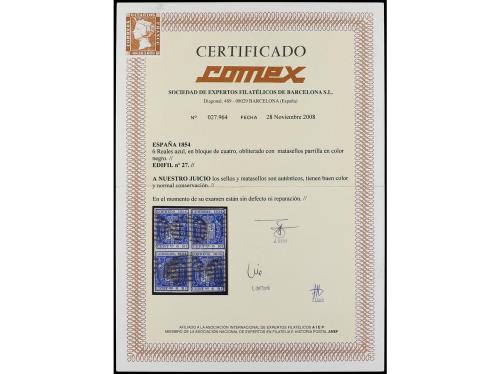 ° ESPAÑA. Ed. 27 (4). 6 reales azul. Bloque de cuatro. Marge