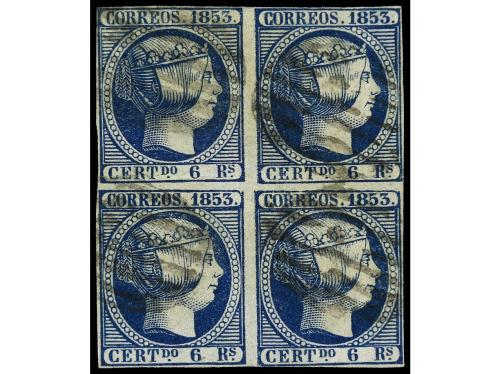 ° ESPAÑA. Ed. 21 (4). 6 reales azul. Bloque de cuatro, márge