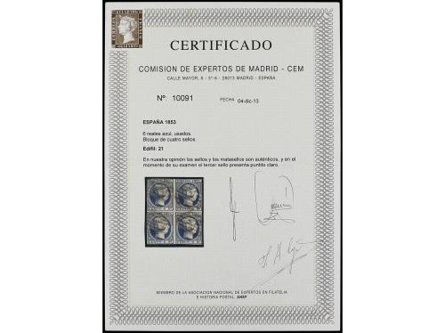 ° ESPAÑA. Ed. 21 (4). 6 reales azul. Bloque de cuatro, márge