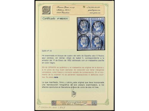 ° ESPAÑA. Ed. 16 (4). 6 reales azul. Bloque de cuatro, márge