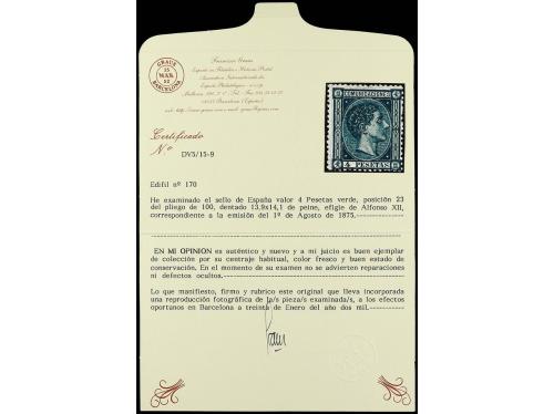 * ESPAÑA. Ed. 170. 4 pesetas verde. Muy buen ejemplar. Cert.