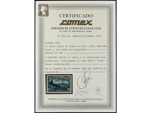 ** ESPAÑA. Ed. 759. Aéreo + 5 pts. Tipo 49. LUJO. Cert. COME