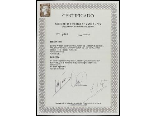 ✉ ESPAÑA. Ed. 766. 1 JUN 1938. Hoja Bloque Constitución EEUU
