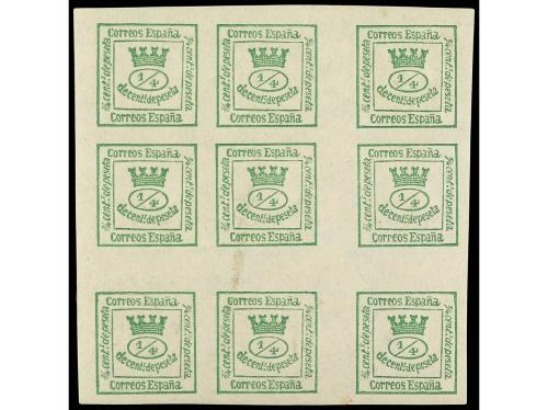 ** ESPAÑA. Ed. 130. 4 cuartos verde en bloque, con 5 sellos 