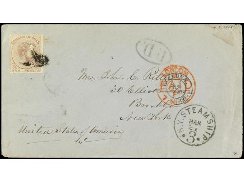 ✉ ESPAÑA. Ed. 127. 1873. BARCELONA a NEW YORK. 1 pta. lila, 