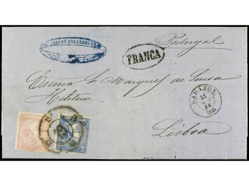 ✉ ESPAÑA. Ed. 80, 81. 1866. BADAJOZ a LISBOA. 2 cuartos rosa