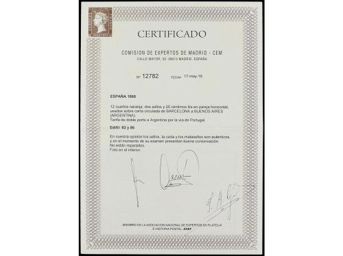✉ ESPAÑA. Ed. 86(2). 1866. BARCELONA a BUENOS AIRES. 12 cuar