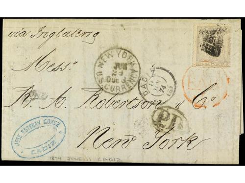 ✉ ESPAÑA. Ed. 138. 1874. CÁDIZ a NEW YORK. 1 pta. gris, circ