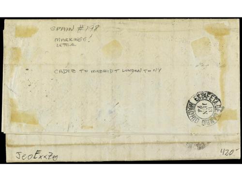 ✉ ESPAÑA. Ed. 138. 1874. CÁDIZ a NEW YORK. 1 pta. gris, circ