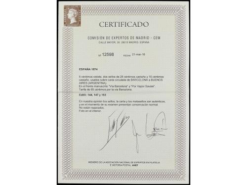 ✉ ESPAÑA. Ed. 144, 147(2), 153. 1874. BARCELONA a BUENOS AIR