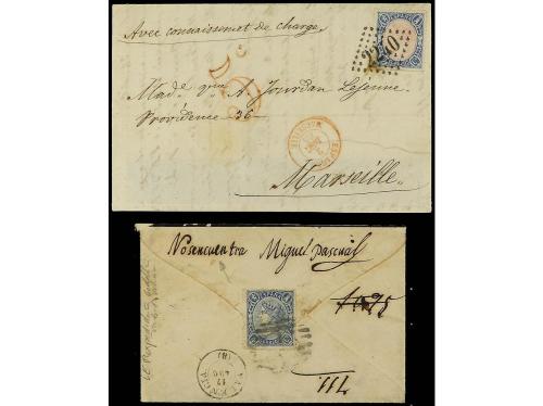 ✉ ESPAÑA. 1865. ISABEL II. Cinco cartas con franqueos de 4 c