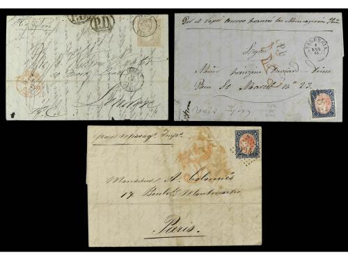 ✉ ESPAÑA. 1865. ISABEL II. Tres cartas con franqueos de 12 c