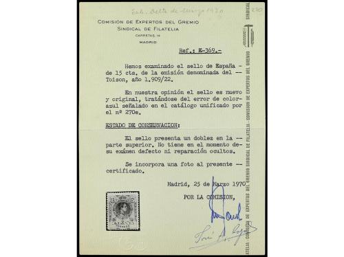 * ESPAÑA. Ed. 270ec. 15 cts. azul. ERROR DE COLOR. BONITO. C