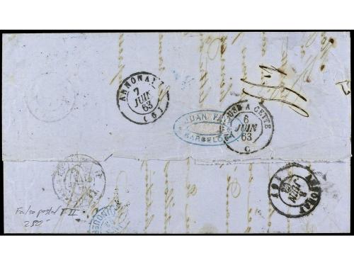 ✉ ESPAÑA. Ed. 59. 1863. BARCELONA a FRANCIA. 12 cuartos azul