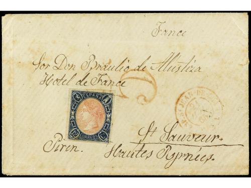 ✉ ESPAÑA. Ed. 70. 1865. Circulada a FRANCIA. 12 cuartos azul