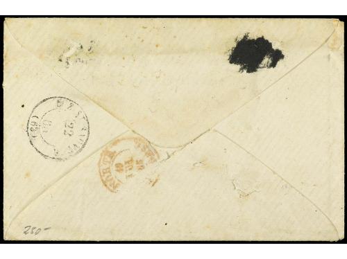 ✉ ESPAÑA. Ed. 70. 1865. Circulada a FRANCIA. 12 cuartos azul