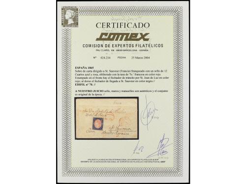 ✉ ESPAÑA. Ed. 70. 1865. Circulada a FRANCIA. 12 cuartos azul