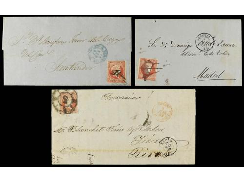 ✉ ESPAÑA. Ed. 48 (7). 1857-59. Siete cartas. 4 cuartos (5), 