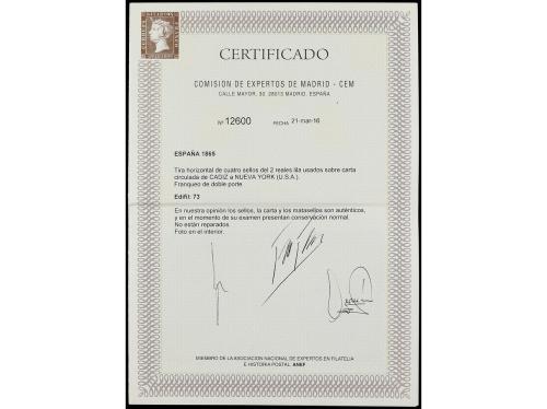 ✉ ESPAÑA. Ed. 73(4). 1865. CÁDIZ a NEW YORK. 2 reales lila, 