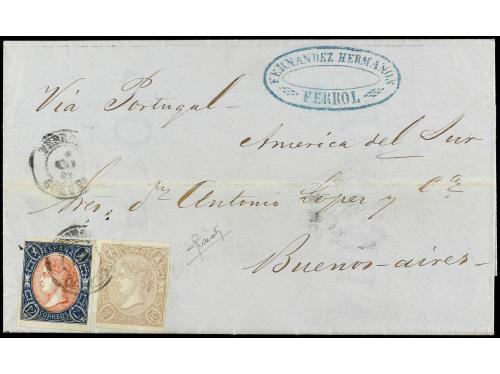 ✉ ESPAÑA. Ed. 70, 73. 1865. FERROL a BUENOS AIRES. 12 cuarto