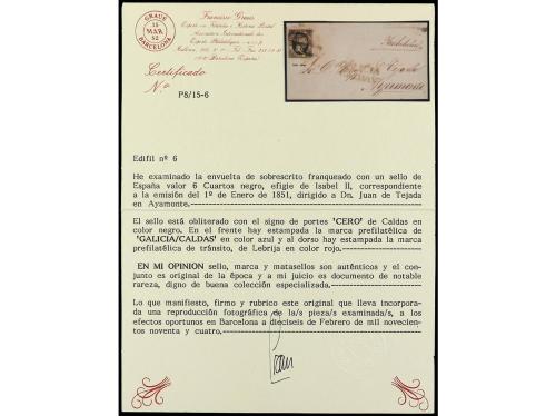 ✉ ESPAÑA. Ed. 6. 1851. Envuelta con parte del dorso. 6 cuart