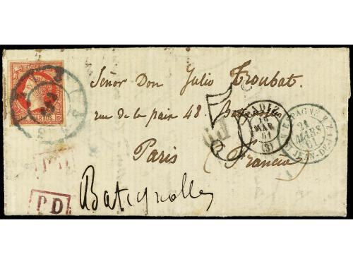 ✉ ESPAÑA. Ed. 53. 1861. CÁDIZ a PARIS. 12 cuartos carmín, ma