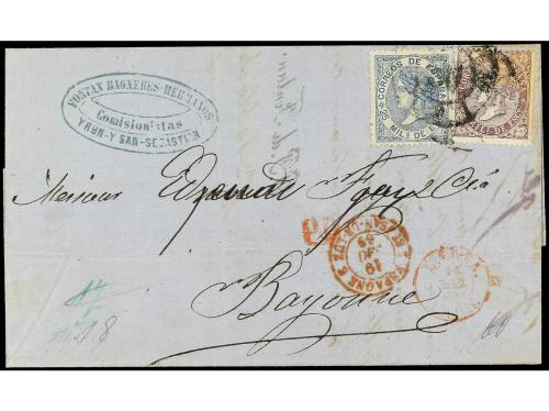 ✉ ESPAÑA. Ed. 97, 98. 1869. IRÚN a BAYONA. 25 mils. azul y 5