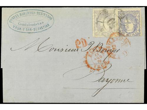 ✉ ESPAÑA. Ed. 106, 107. 1870. IRÚN a BAYONA. 25 mils. gris y
