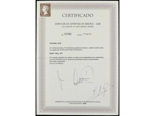 ✉ ESPAÑA. Ed. 106, 107. 1870. IRÚN a BAYONA. 25 mils. gris y