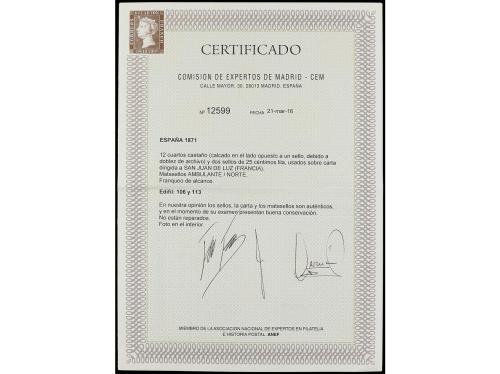 ✉ ESPAÑA. Ed. 106(2), 113. 1871. MADRID a S. JUAN DE LUZ (Fr