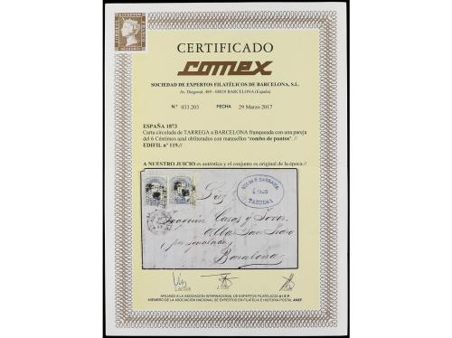 ✉ ESPAÑA. Ed. 119(2). 1873. TÁRREGA a BARCELONA. 6 cts. azul